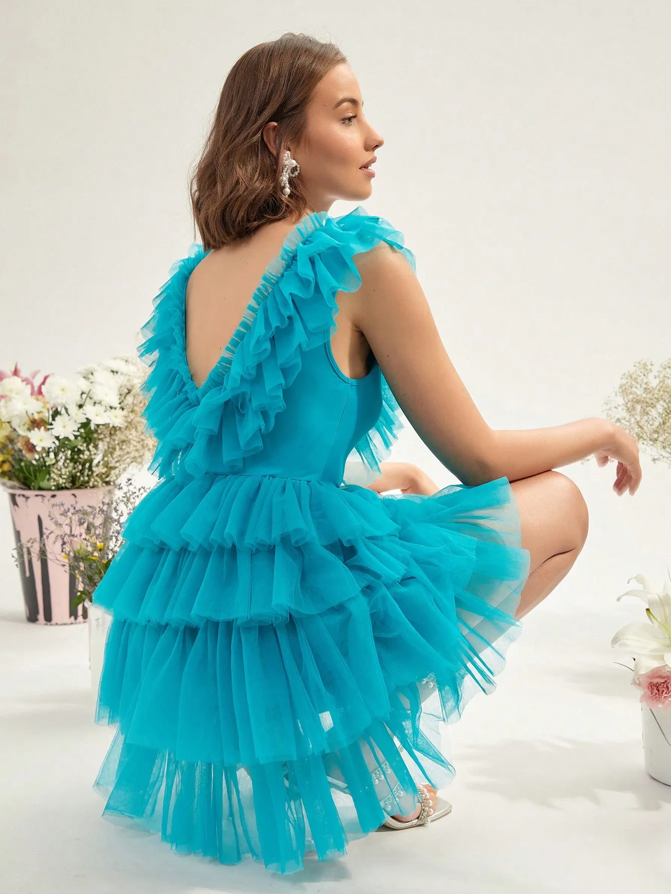 Ruffle Trim Mesh Overlay Dress