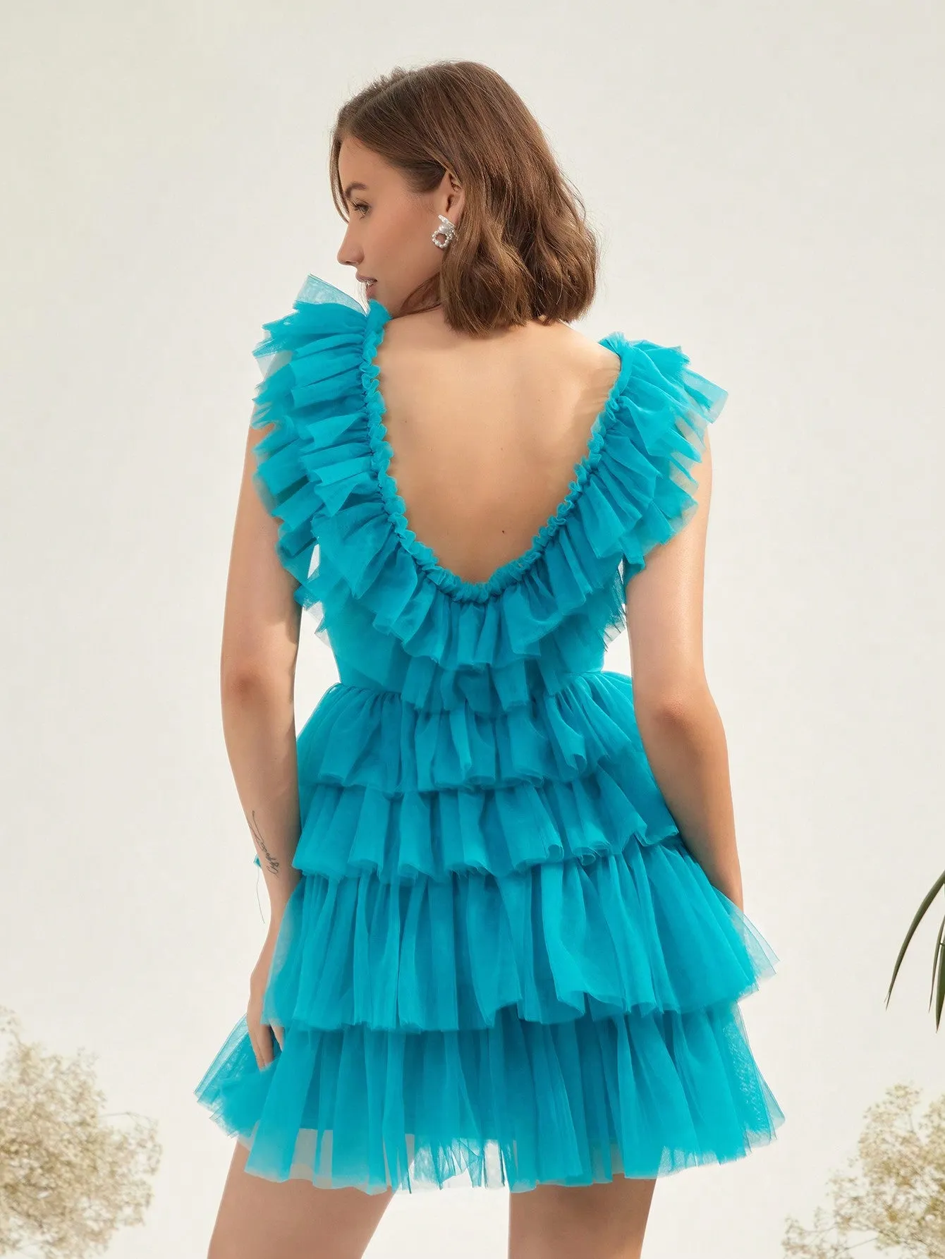 Ruffle Trim Mesh Overlay Dress