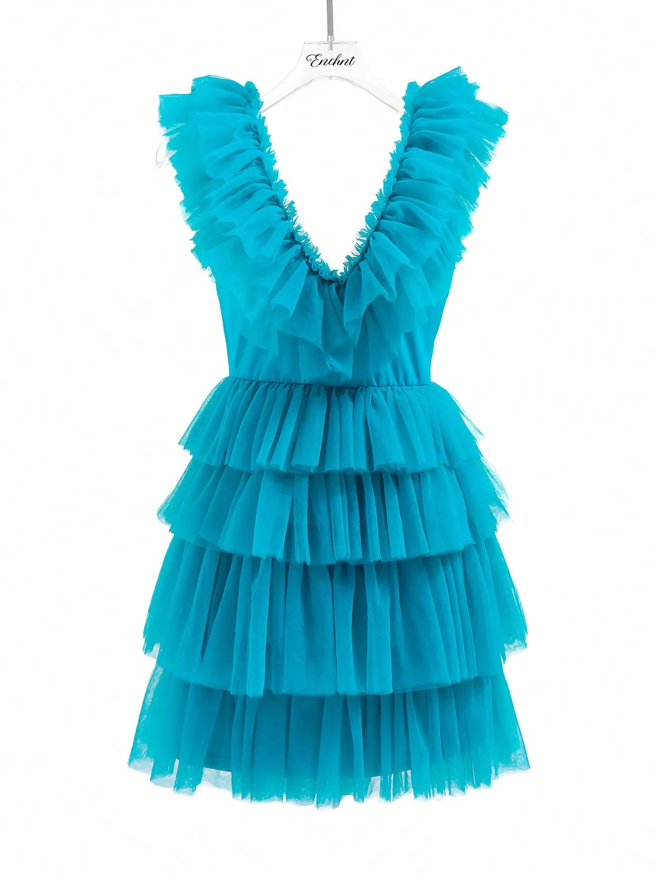 Ruffle Trim Mesh Overlay Dress