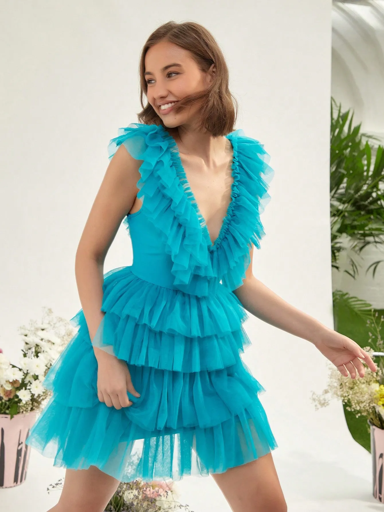 Ruffle Trim Mesh Overlay Dress