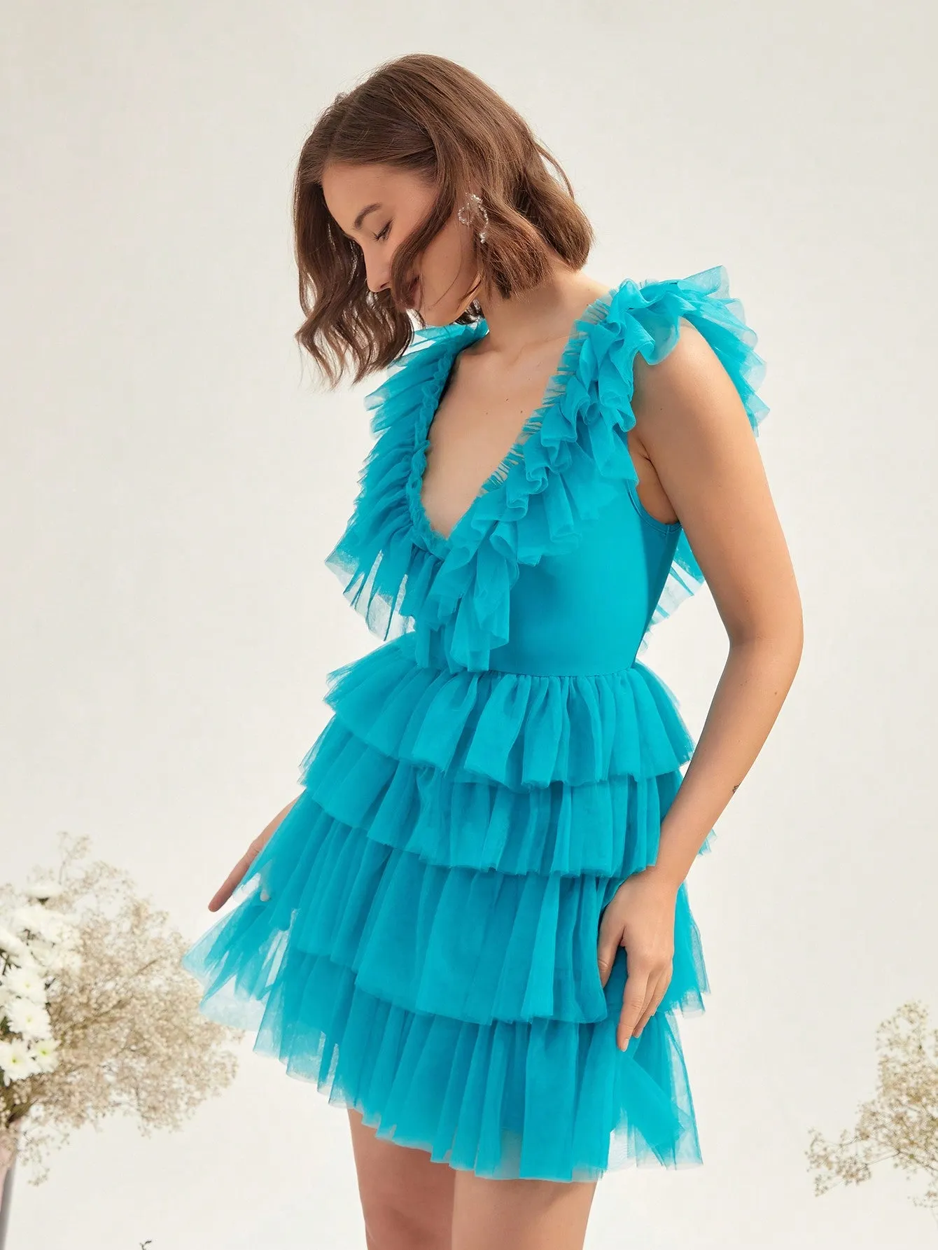 Ruffle Trim Mesh Overlay Dress