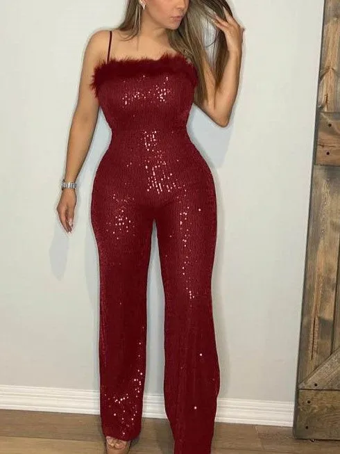 Sexy Sequin Party Wear Fur Patchwork Sleeveless Burgundy Jumpsuit - Ships in 24 Hrs