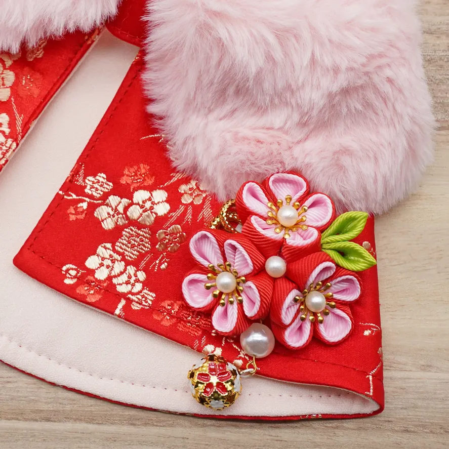 Spring Imperial Scarlett Blossoms CNY Cape with Faux Fur Collar