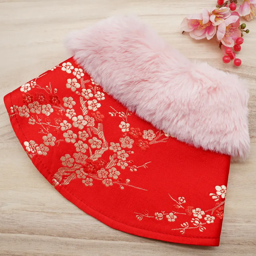 Spring Imperial Scarlett Blossoms CNY Cape with Faux Fur Collar