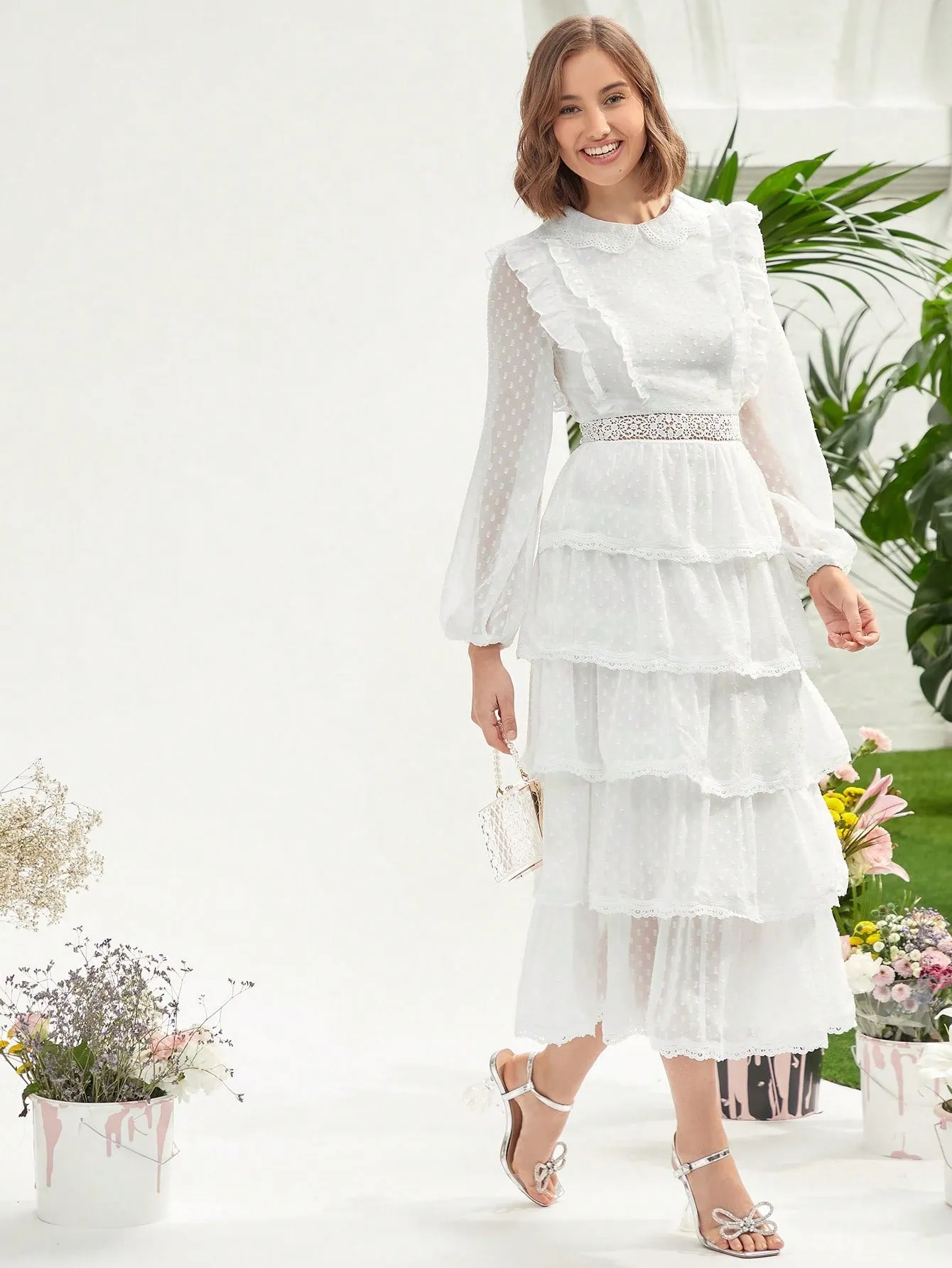 Swiss Dot Ruffle Trim Lantern Sleeve Layered Hem Dress