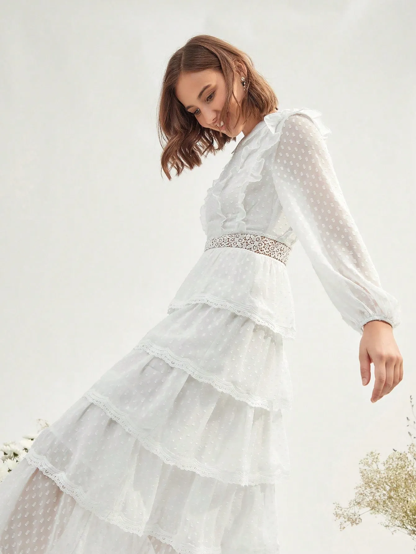 Swiss Dot Ruffle Trim Lantern Sleeve Layered Hem Dress