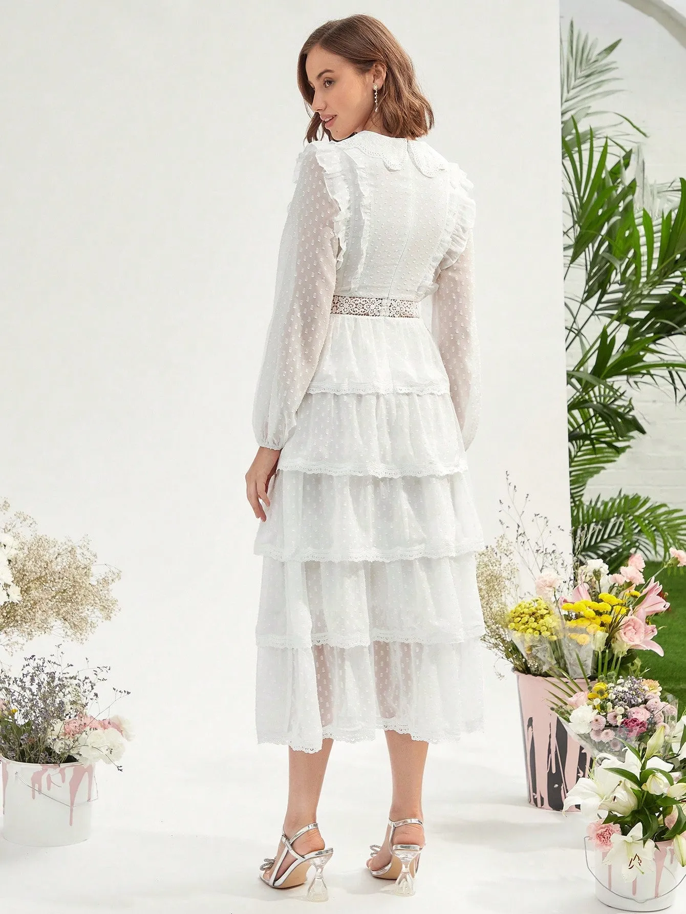 Swiss Dot Ruffle Trim Lantern Sleeve Layered Hem Dress