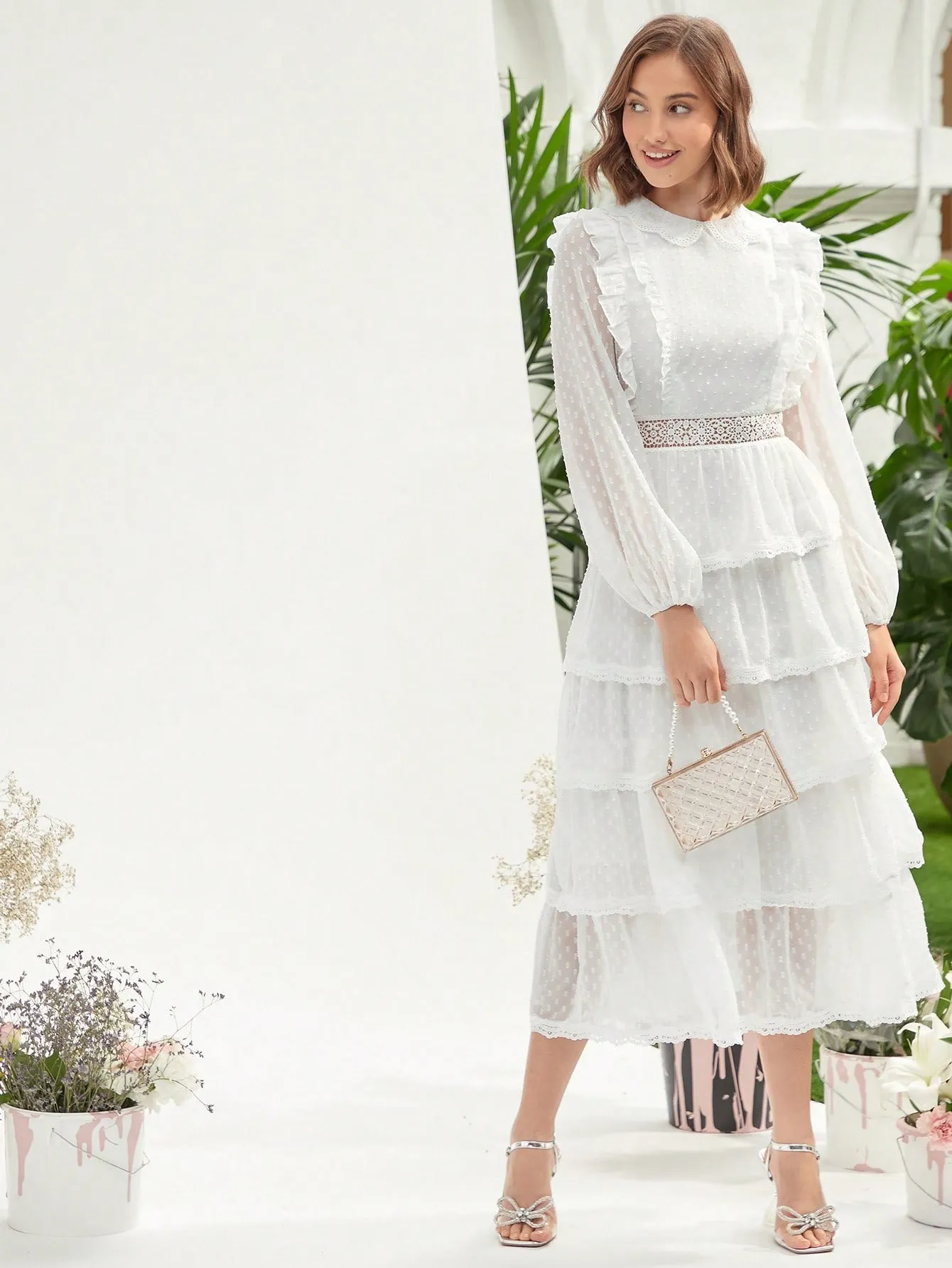Swiss Dot Ruffle Trim Lantern Sleeve Layered Hem Dress