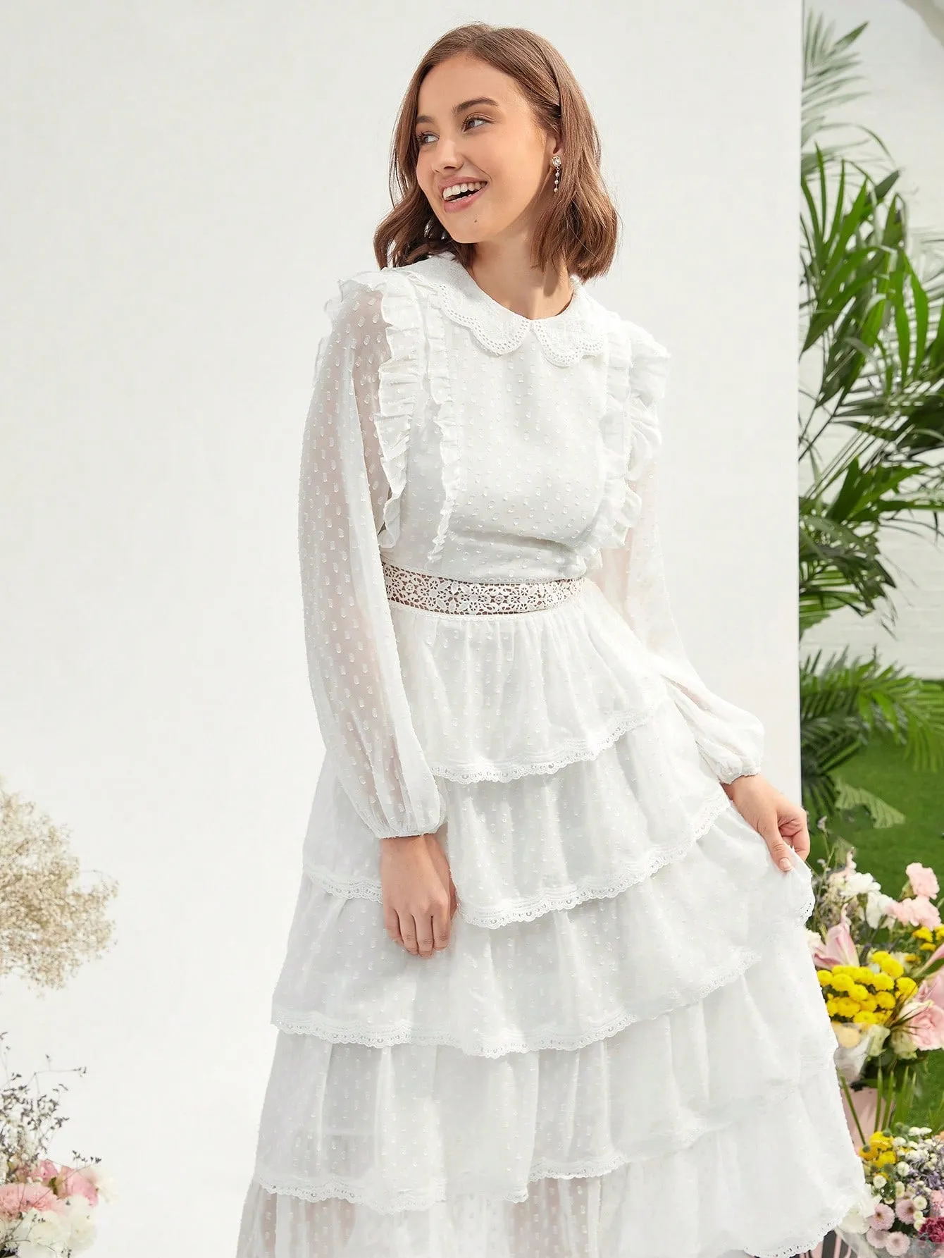 Swiss Dot Ruffle Trim Lantern Sleeve Layered Hem Dress