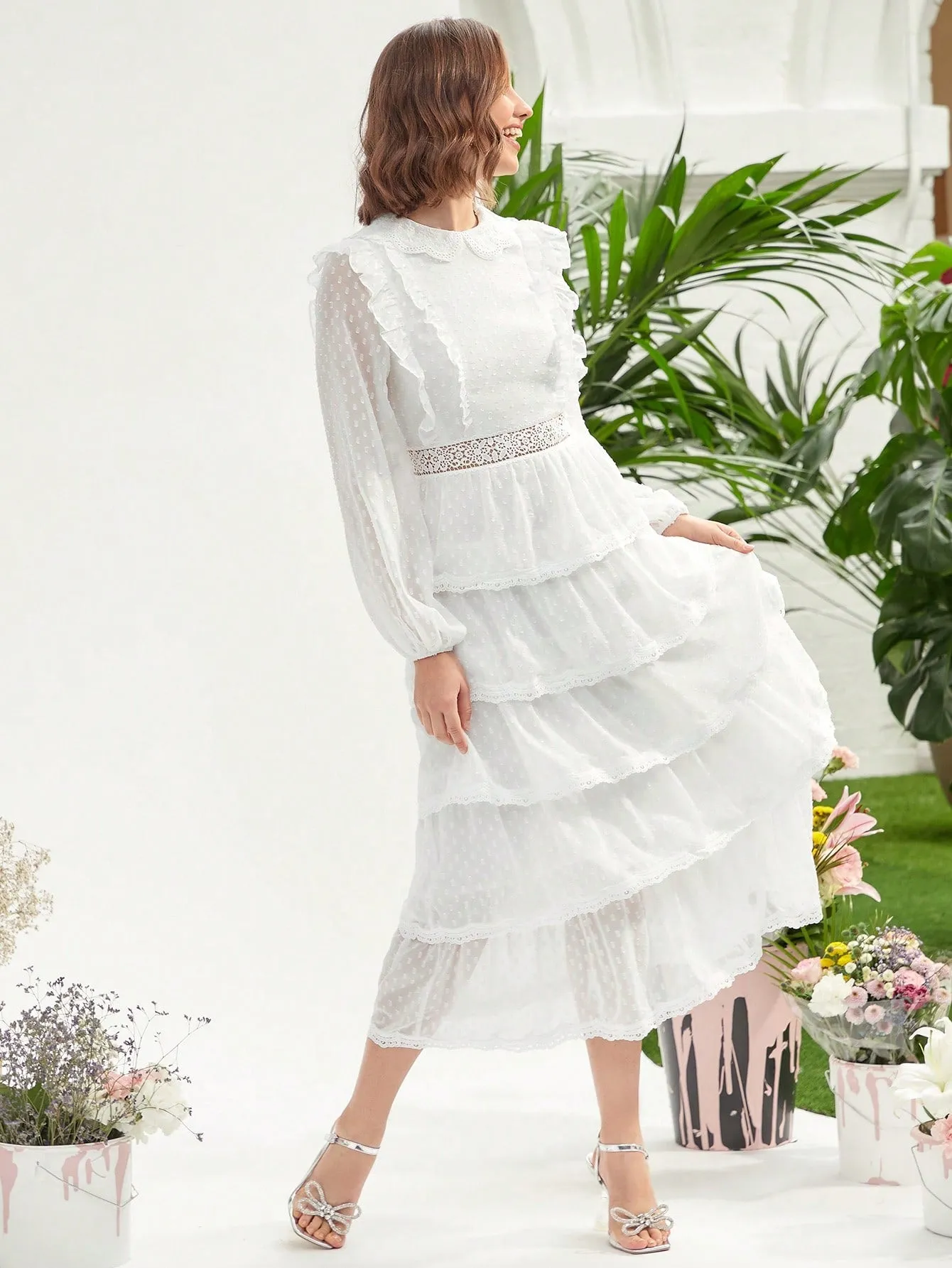 Swiss Dot Ruffle Trim Lantern Sleeve Layered Hem Dress