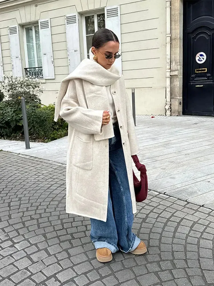 TAVIMART  -  Elegant Autumn Winter Women Scarf Wool Overcoat Fashion Long Sleeve Solid Single Breasted Lady Coats New Daily Chic Outwear