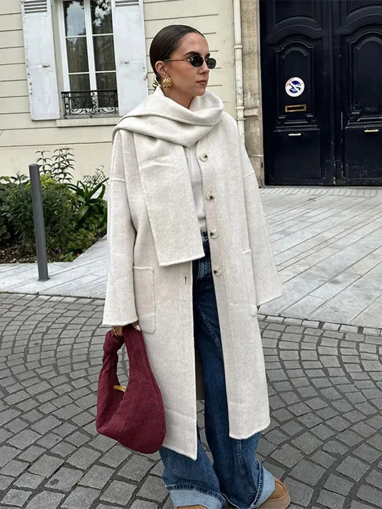 TAVIMART  -  Elegant Autumn Winter Women Scarf Wool Overcoat Fashion Long Sleeve Solid Single Breasted Lady Coats New Daily Chic Outwear