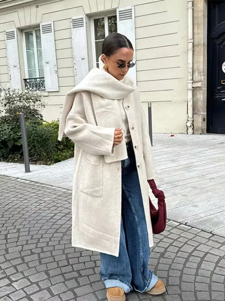 TAVIMART  -  Elegant Autumn Winter Women Scarf Wool Overcoat Fashion Long Sleeve Solid Single Breasted Lady Coats New Daily Chic Outwear