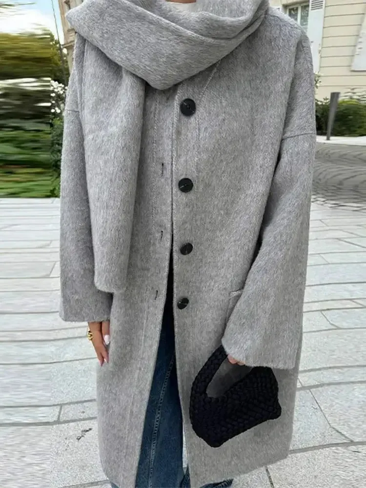 TAVIMART  -  Elegant Autumn Winter Women Scarf Wool Overcoat Fashion Long Sleeve Solid Single Breasted Lady Coats New Daily Chic Outwear