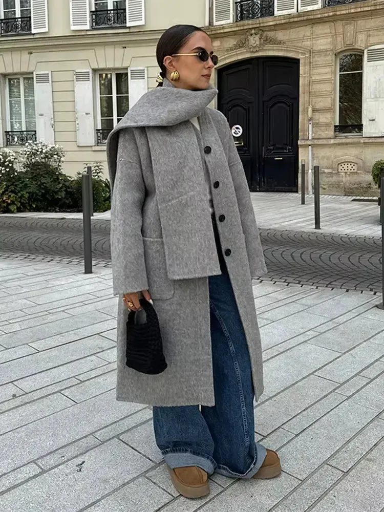 TAVIMART  -  Elegant Autumn Winter Women Scarf Wool Overcoat Fashion Long Sleeve Solid Single Breasted Lady Coats New Daily Chic Outwear