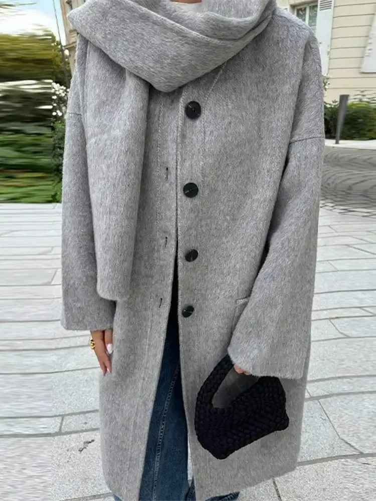 TAVIMART  -  Elegant Autumn Winter Women Scarf Wool Overcoat Fashion Long Sleeve Solid Single Breasted Lady Coats New Daily Chic Outwear