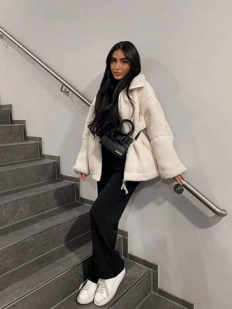 Teddy Fleece Jacket for Women Fake Lamb Wool Jacket Cozy Oversized High Collar Zip-up Coat Fuzzy Winter Outerwear