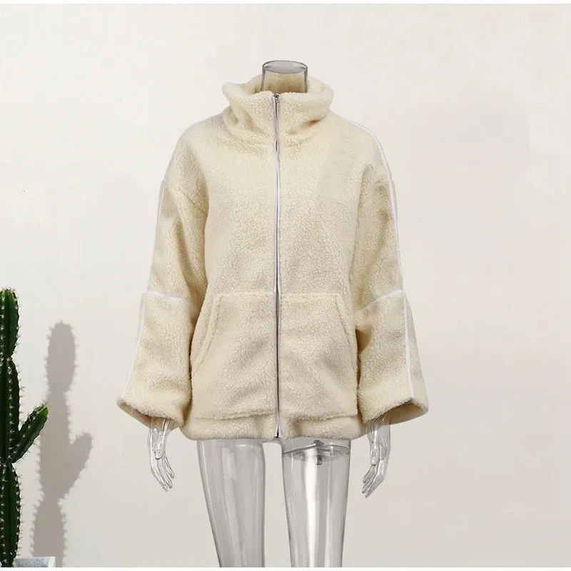 Teddy Fleece Jacket for Women Fake Lamb Wool Jacket Cozy Oversized High Collar Zip-up Coat Fuzzy Winter Outerwear