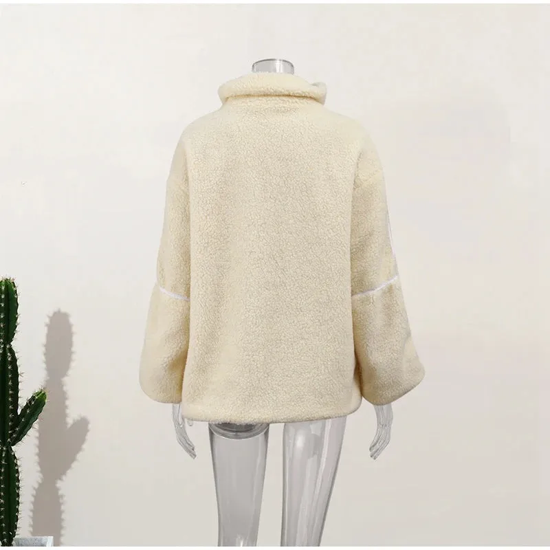 Teddy Fleece Jacket for Women Fake Lamb Wool Jacket Cozy Oversized High Collar Zip-up Coat Fuzzy Winter Outerwear