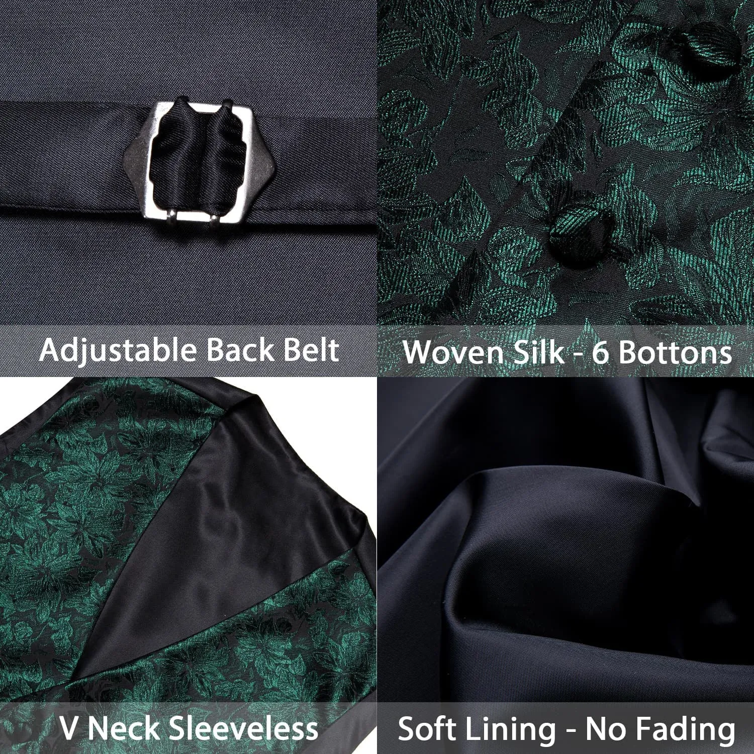 Ties2you Mens Vest Top Dark Green Floral Silk Dress Vest Tie Handkerchief Cufflinks Set