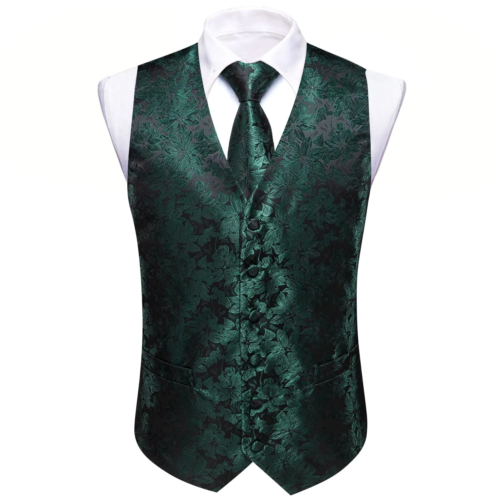 Ties2you Mens Vest Top Dark Green Floral Silk Dress Vest Tie Handkerchief Cufflinks Set