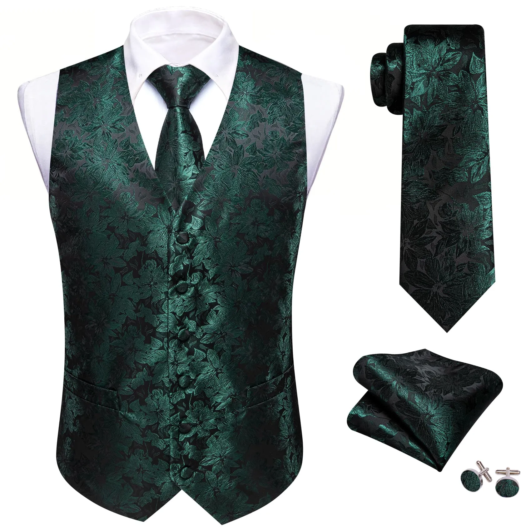 Ties2you Mens Vest Top Dark Green Floral Silk Dress Vest Tie Handkerchief Cufflinks Set