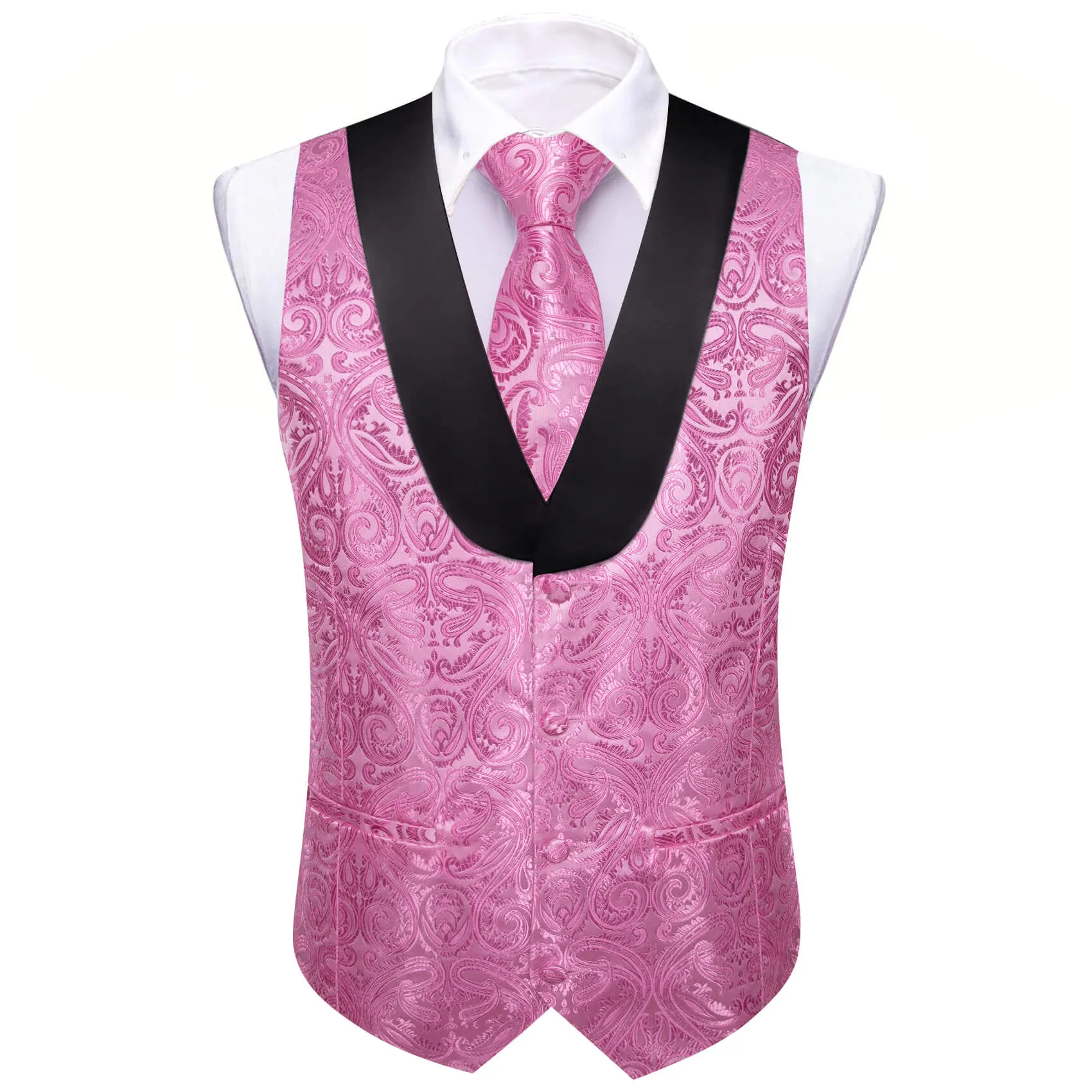 Ties2you Shawl Collar Vest Hot Pink Paisley Silk Men's Vest Necktie Hanky Cufflinks Set Fashion