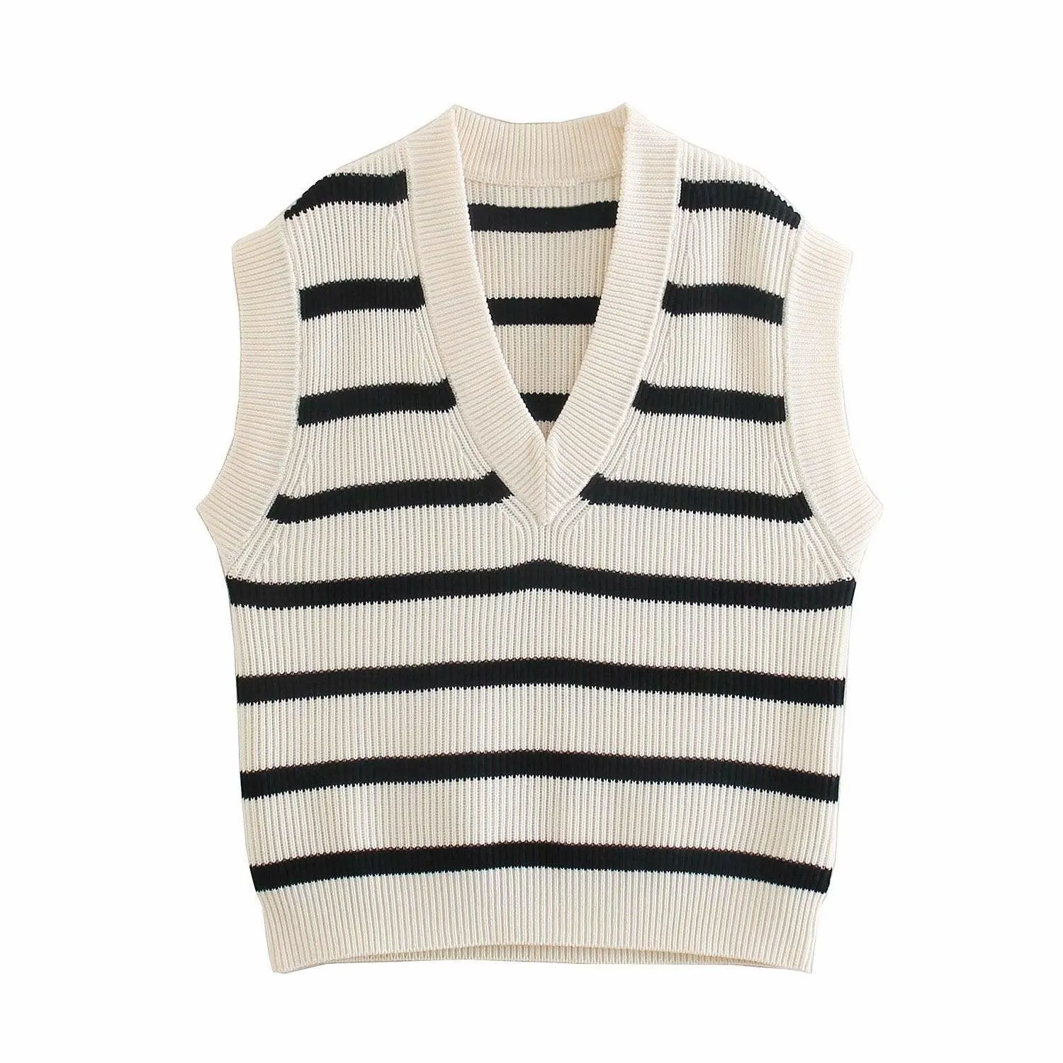 V-Neck Sleeveless Loose Contrast Striped Knit Tank Top