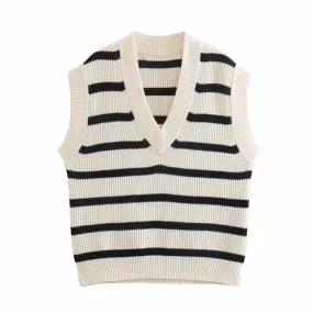V-Neck Sleeveless Loose Contrast Striped Knit Tank Top