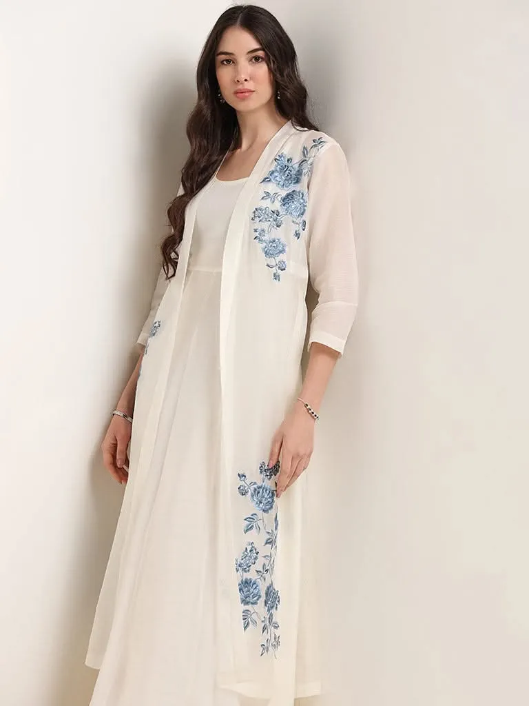 Vark White Embroidered Maxi Dress & Overlay Jacket Set
