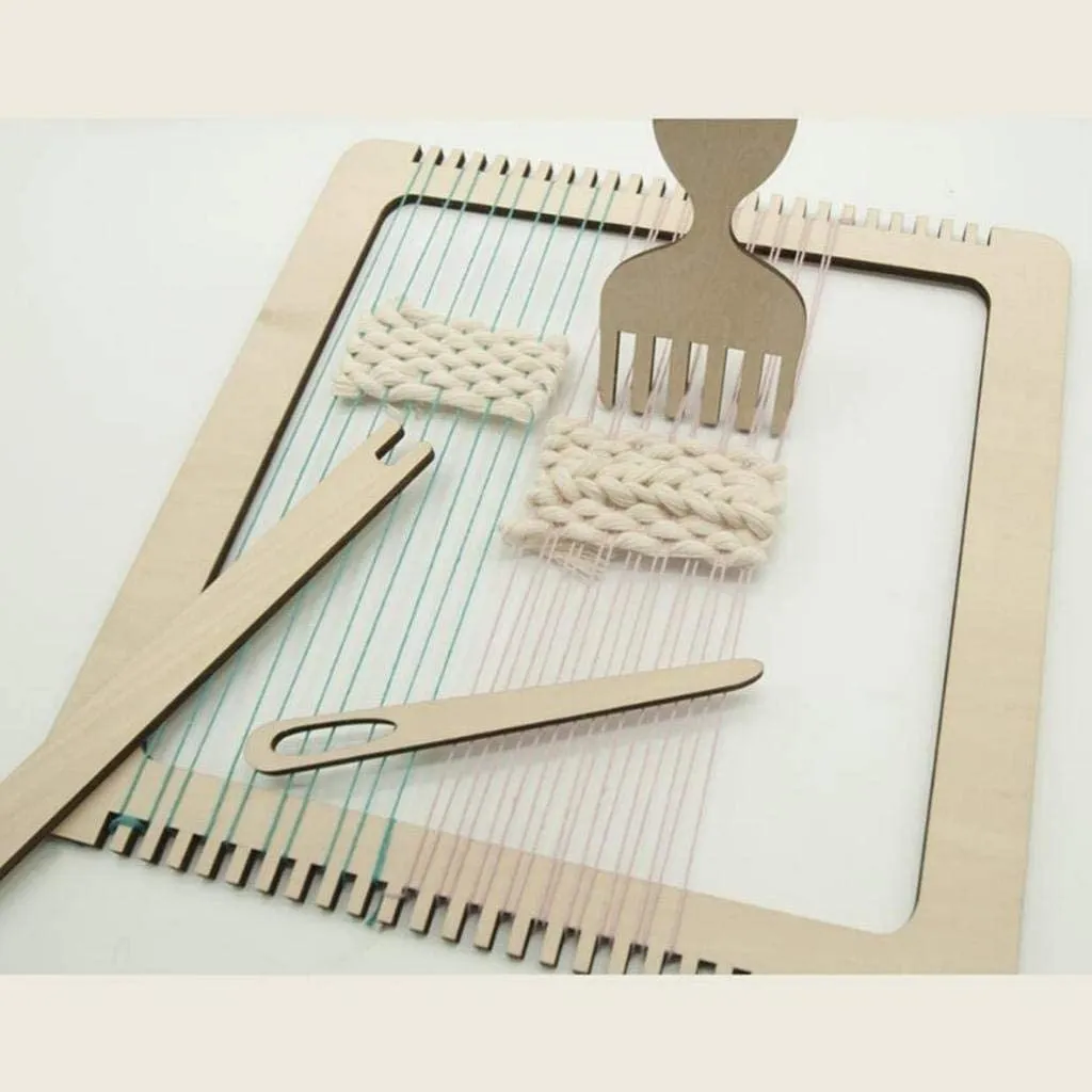 Whittlewud Pack of 4 Weaving Loom 1 Frame with 2 Needle, 1 Comb (11 x 0.98 Inch) Wooden Multi-Craft Weaving Loom Arts & Crafts Develops Creativity Weaving Frame Loom with Stand for Beginner