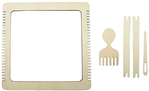 Whittlewud Pack of 4 Weaving Loom 1 Frame with 2 Needle, 1 Comb (11 x 0.98 Inch) Wooden Multi-Craft Weaving Loom Arts & Crafts Develops Creativity Weaving Frame Loom with Stand for Beginner