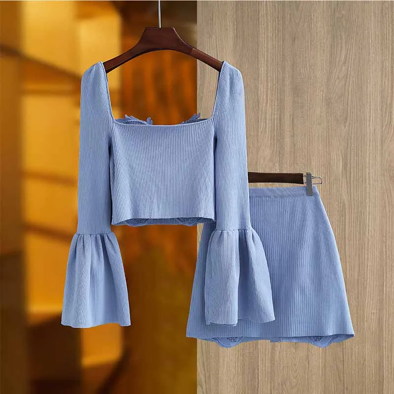 Women 2 Pieces Skirt Suit Knitted Top   Mid-High Rise Mini Skirt Suit