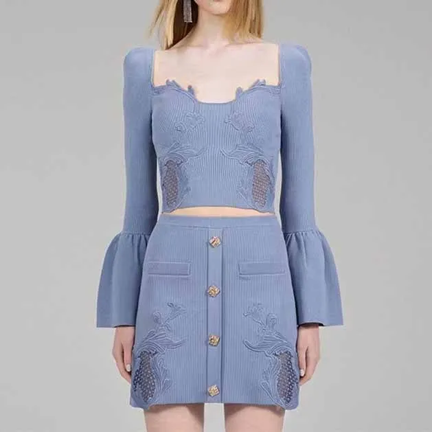 Women 2 Pieces Skirt Suit Knitted Top   Mid-High Rise Mini Skirt Suit