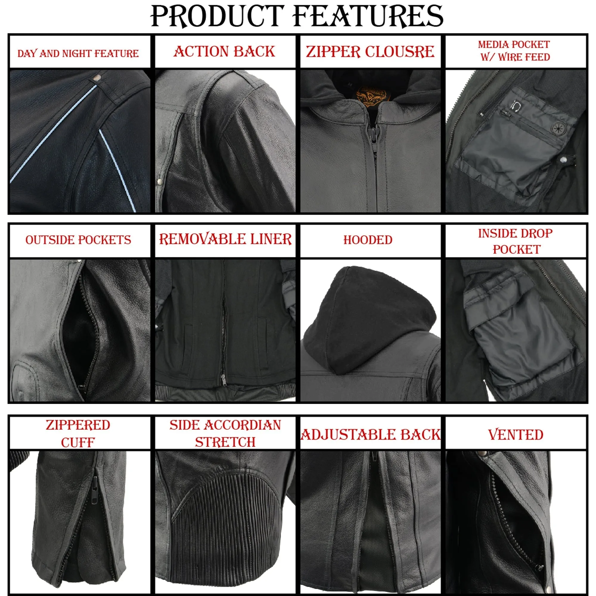 Women Black 3/4 Hooded Leather Jacket with Side Stetch Fit