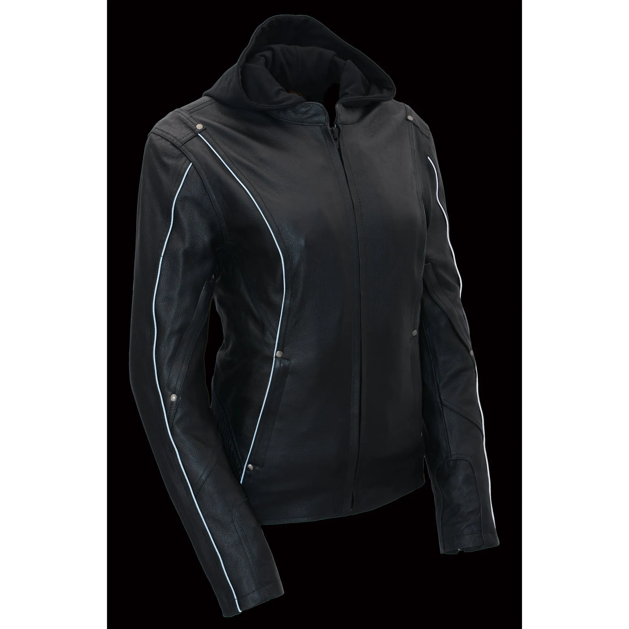 Women Black 3/4 Hooded Leather Jacket with Side Stetch Fit