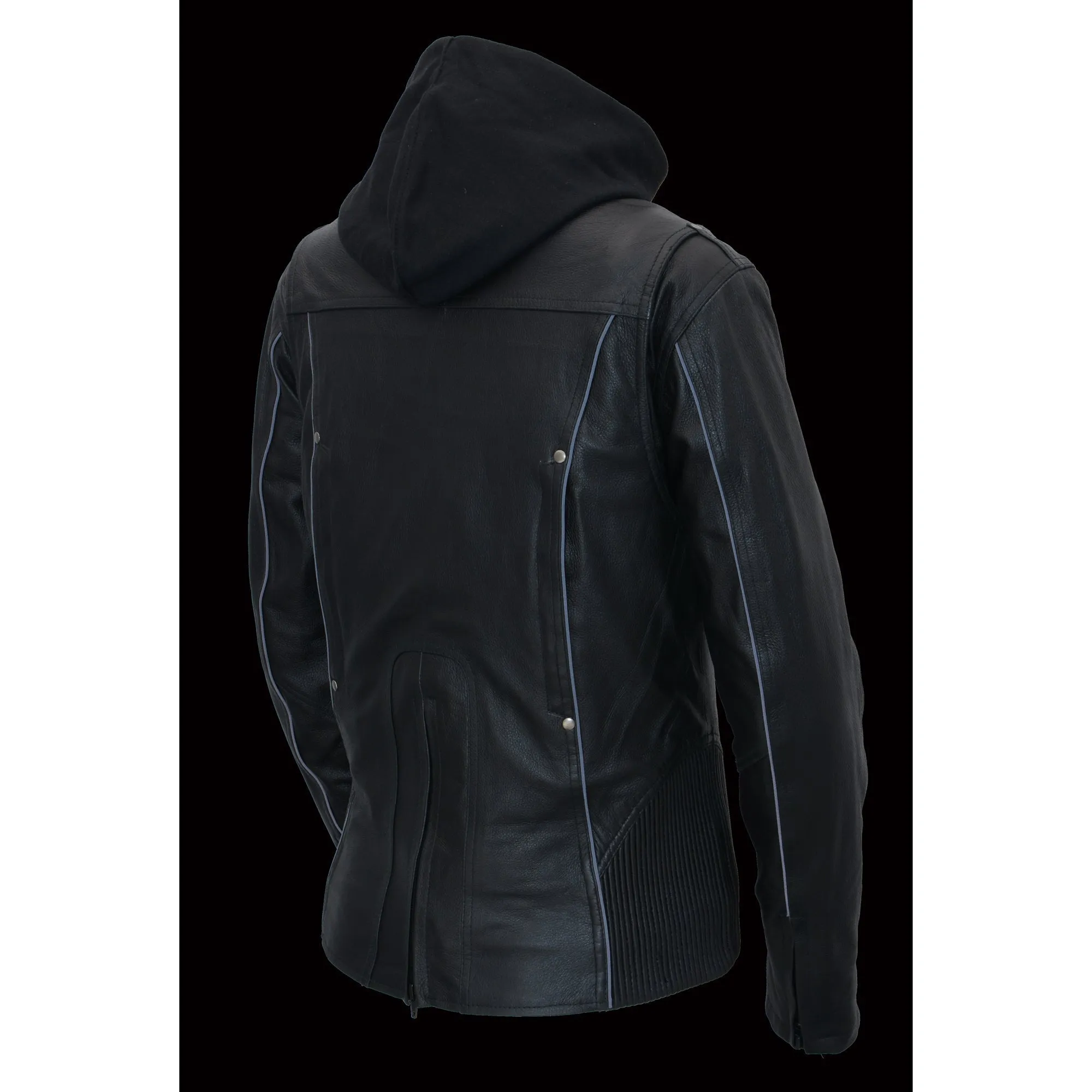 Women Black 3/4 Hooded Leather Jacket with Side Stetch Fit