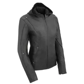 Women Black 3/4 Hooded Leather Jacket with Side Stetch Fit