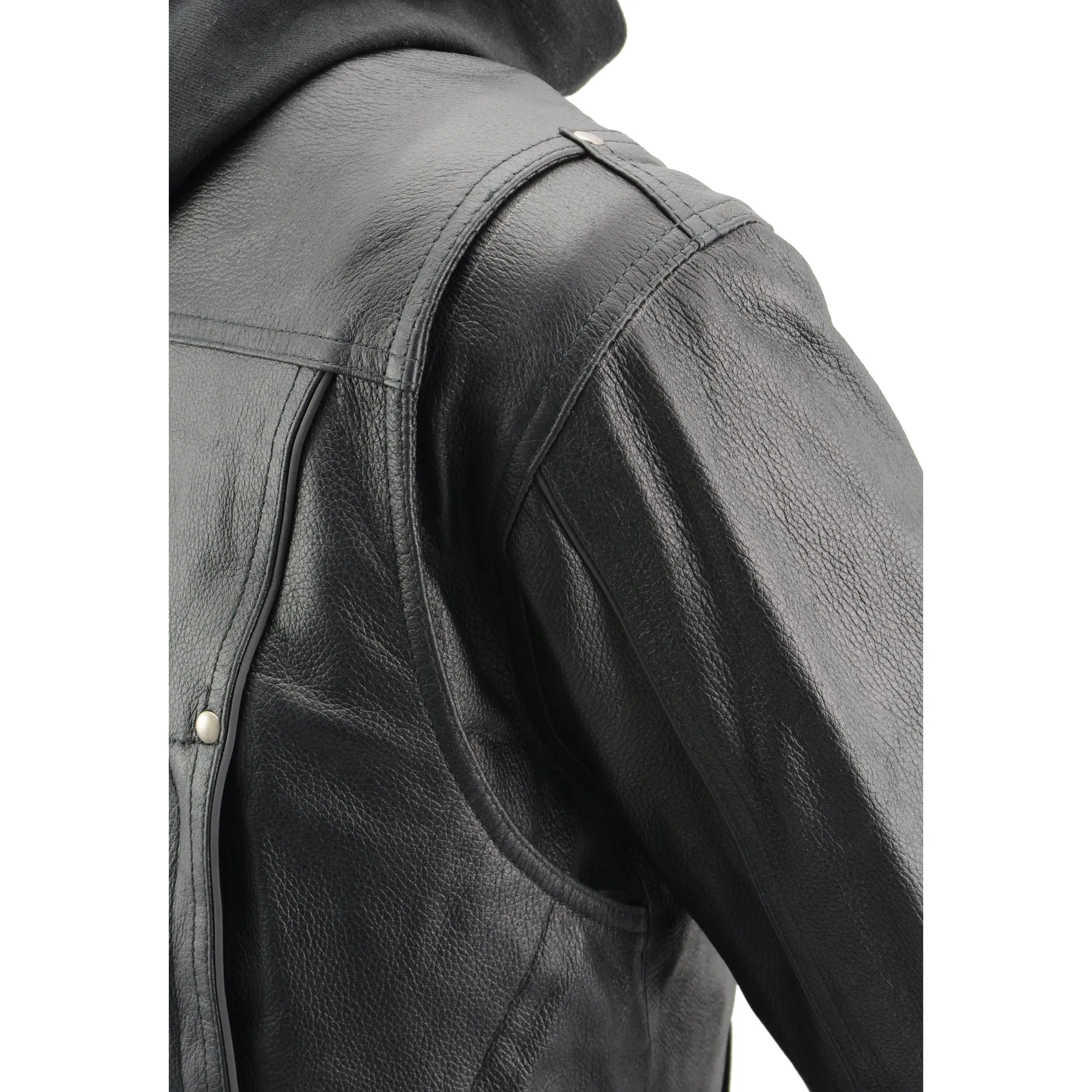 Women Black 3/4 Hooded Leather Jacket with Side Stetch Fit