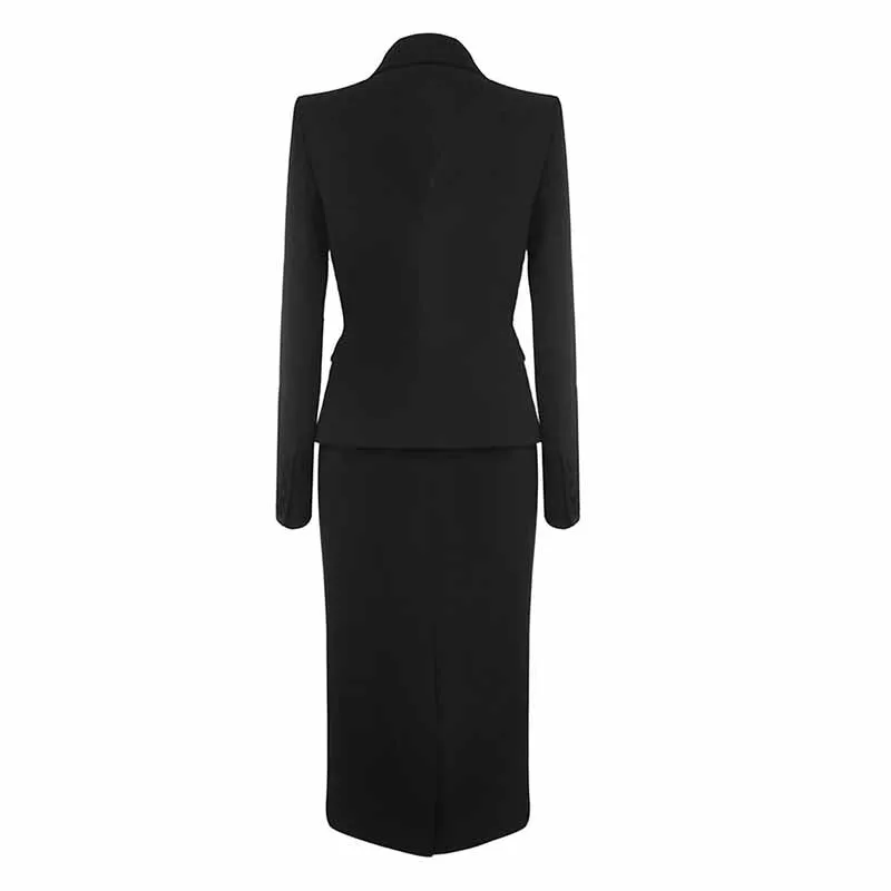 Women Black Suits 2 Piece Fashion Skirt Suits Black Coat With Pocket Business Suits