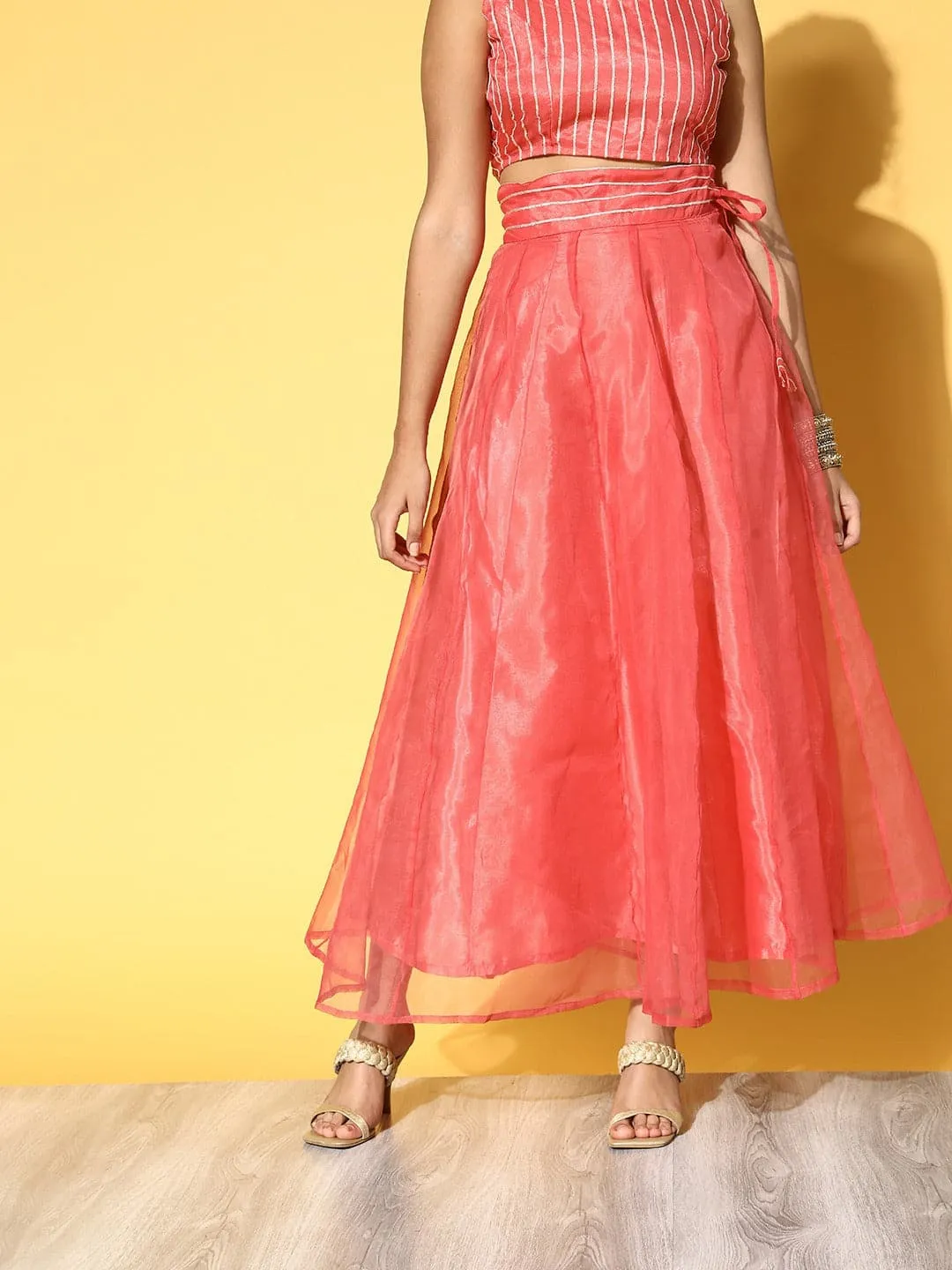 Women Rust Embroidered Gota Waistband Anarkali Skirt