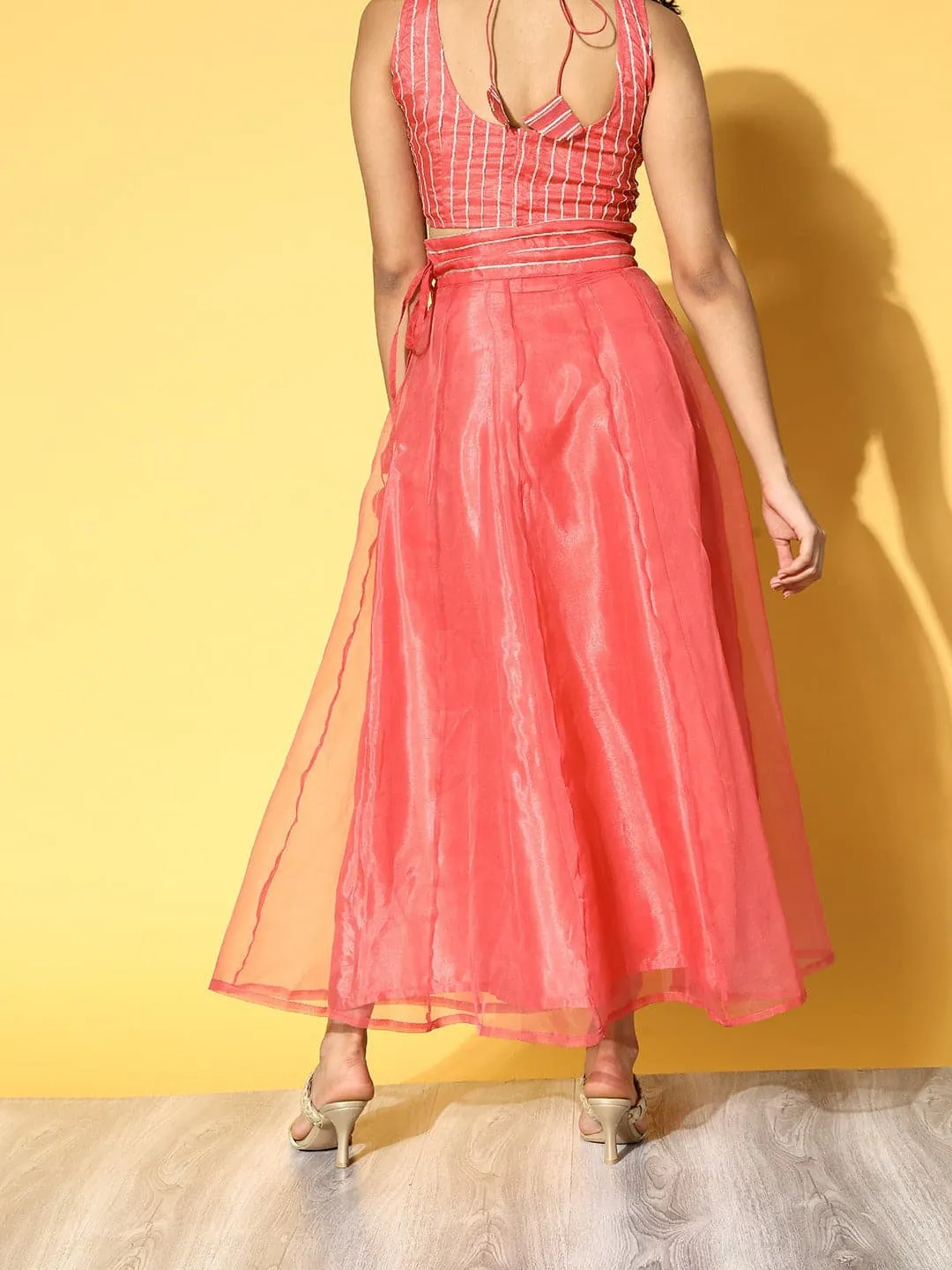 Women Rust Embroidered Gota Waistband Anarkali Skirt