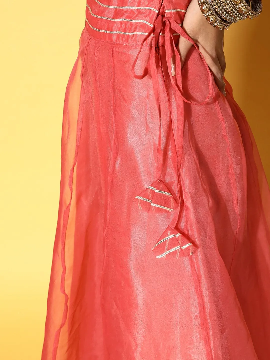 Women Rust Embroidered Gota Waistband Anarkali Skirt