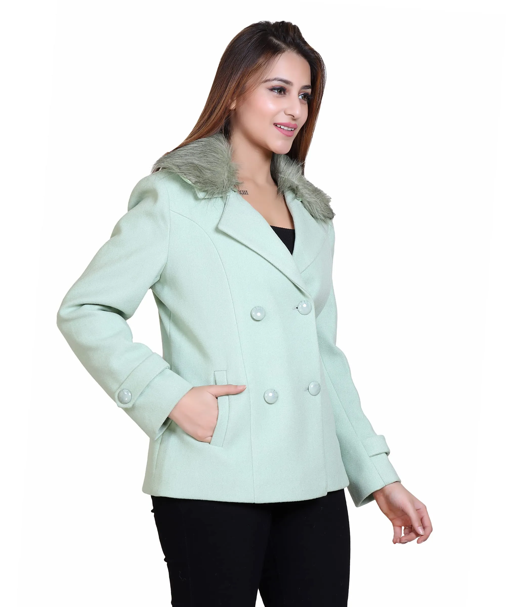 Women Wool Blend Double Breasted Short Coat with Detachable Fur Collar
