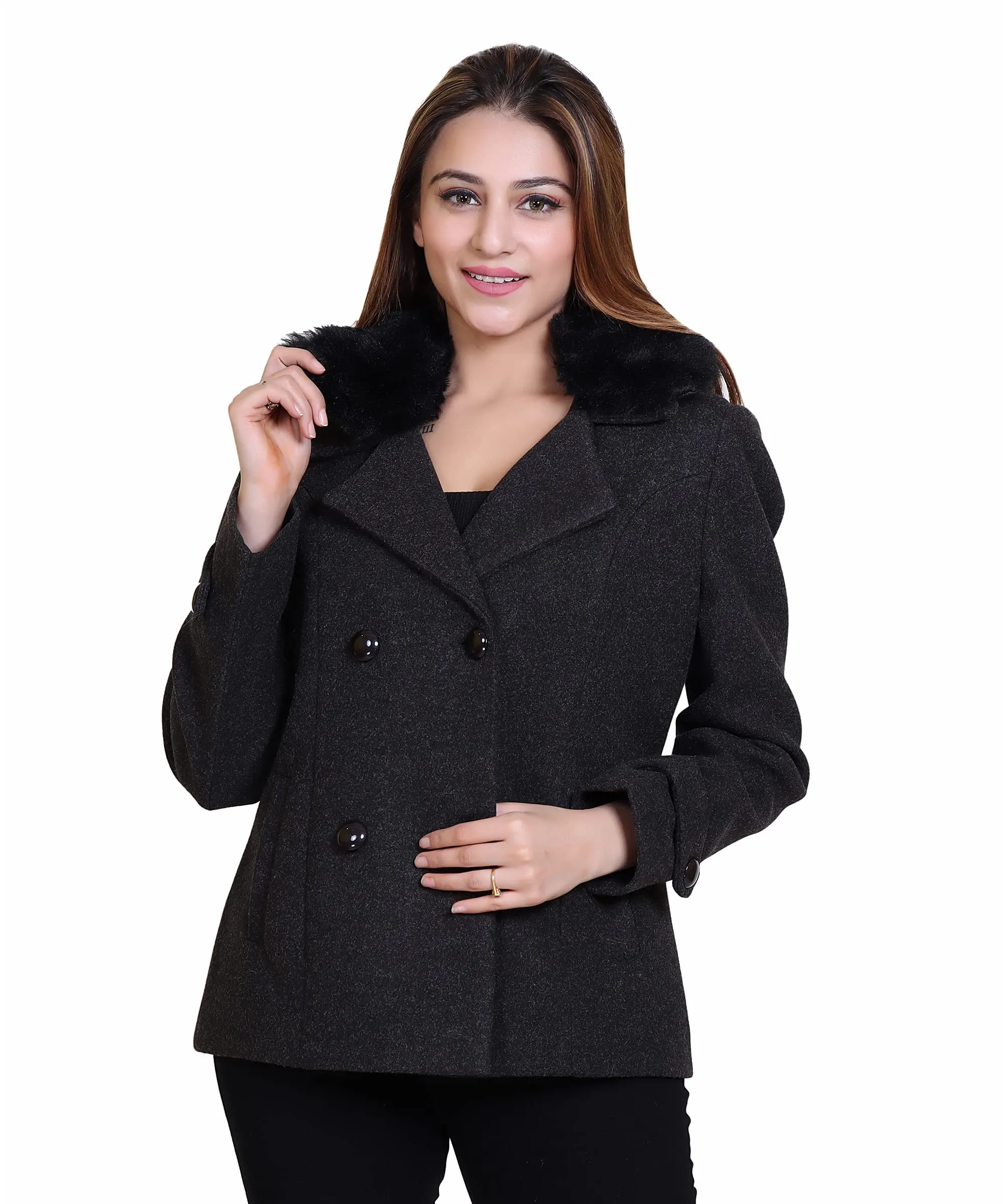 Women Wool Blend Double Breasted Short Coat with Detachable Fur Collar