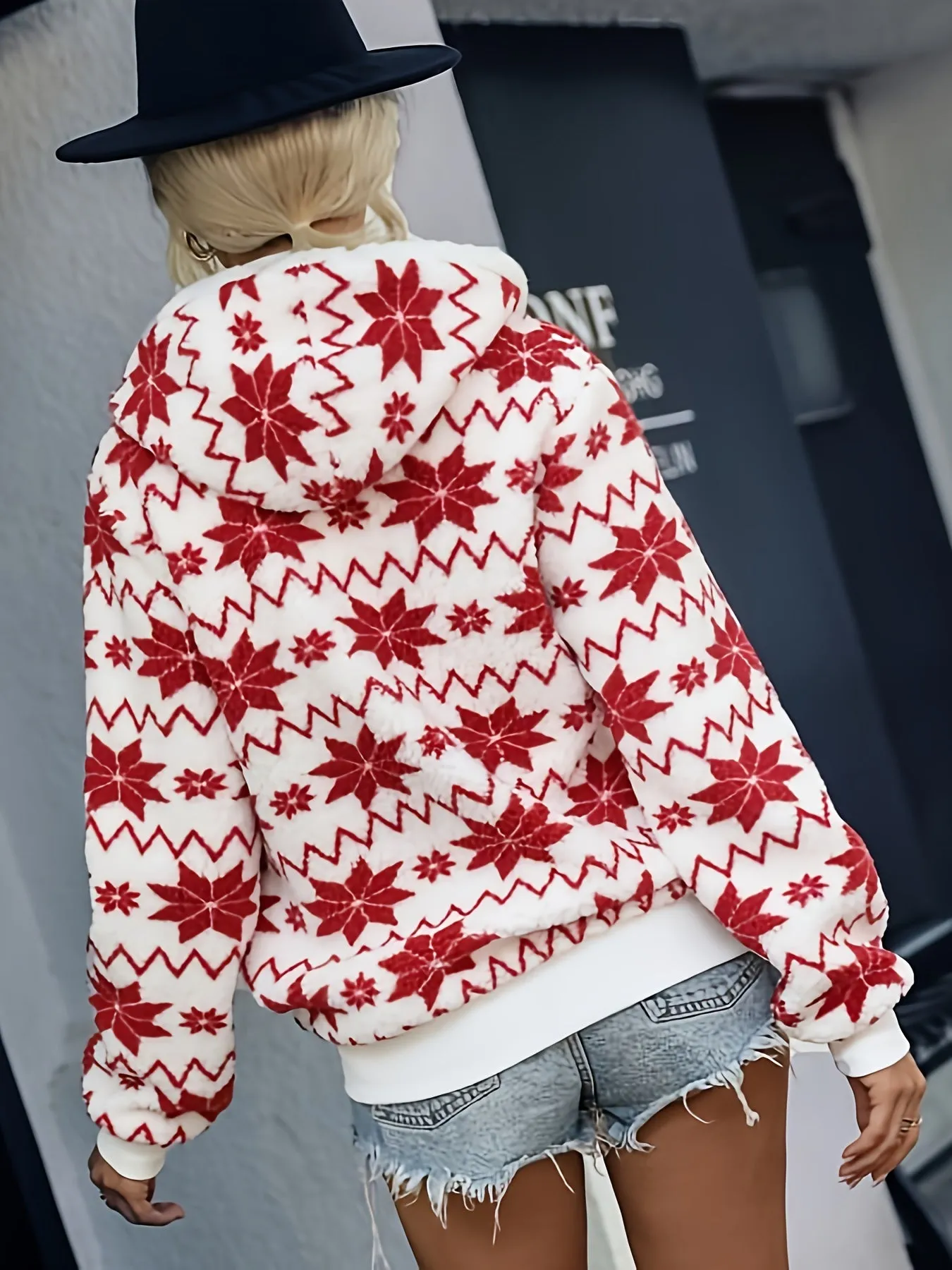 Women's Christmas Print Knit Hoodie, Cozy Polyester Fleece Pullover with Zipper, Holiday Vacation Style, All-Season Fashion Sweater Top