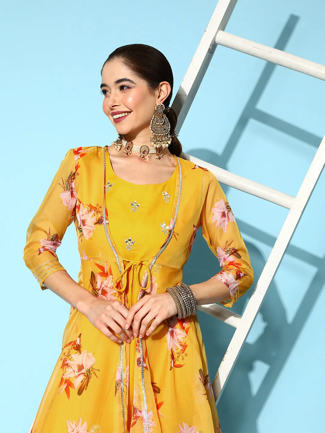 Yellow Floral Dress With Jacket